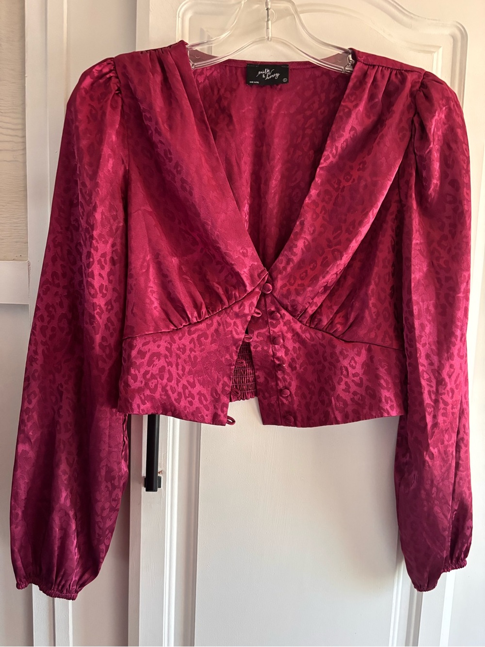 Free People Deep Fuchsia Satin Jacquard Button-Front Blouse